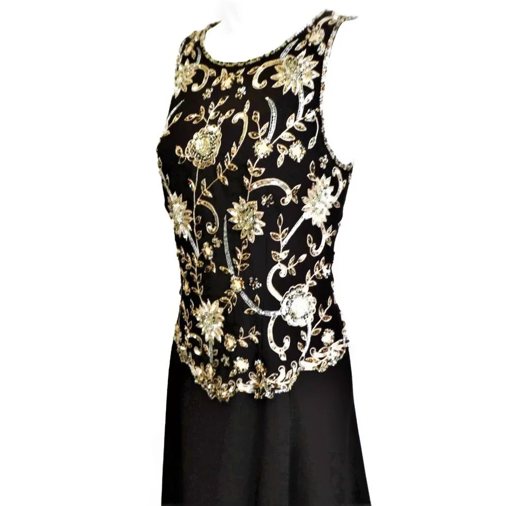 Evening Beaded Gown Brown Maxi Sleeveless JKara Sequin Silver Gold Flowy India 6 - Picture 4 of 10